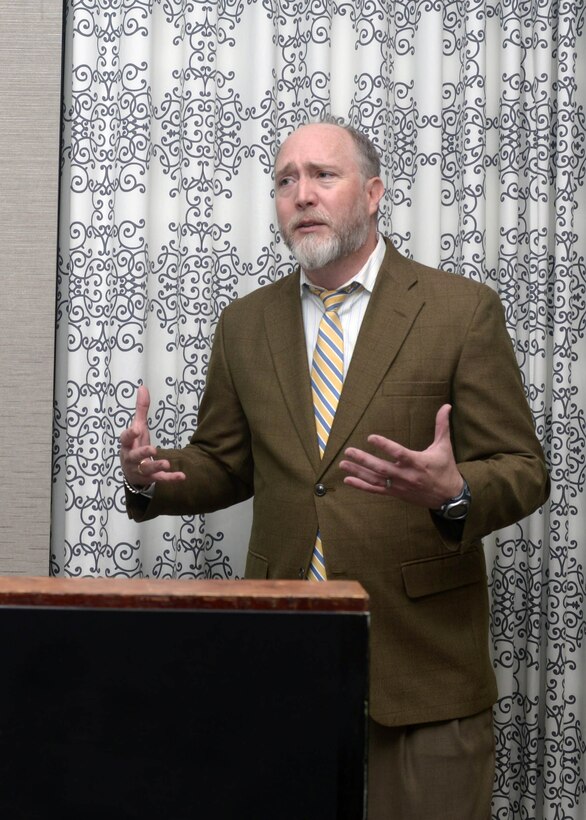 Lee Sasse, a clinical social worker assigned to the 28th Medical Group, speaks on stress management during a “Mil-to-Mil” Workshop at the Rushmore Hotel in Rapid City, S.D., Sept. 23, 2016. Sasse spoke on various ways to combat and handle stress, assisting military couples in recognizing the effects it can have on a relationship. (U.S. Air Force photo by Airman 1st Class Donald C. Knechtel)