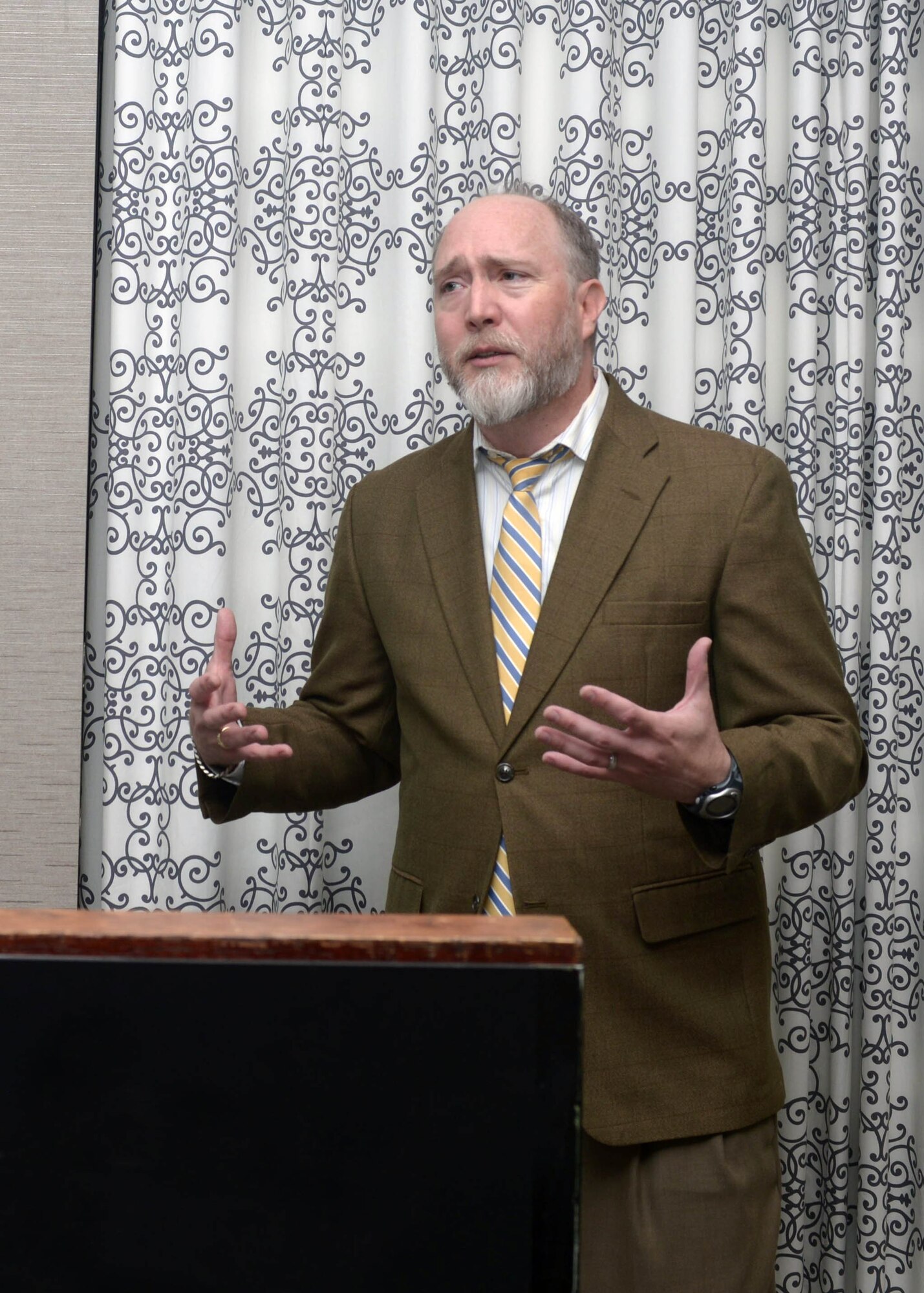 Lee Sasse, a clinical social worker assigned to the 28th Medical Group, speaks on stress management during a “Mil-to-Mil” Workshop at the Rushmore Hotel in Rapid City, S.D., Sept. 23, 2016. Sasse spoke on various ways to combat and handle stress, assisting military couples in recognizing the effects it can have on a relationship. (U.S. Air Force photo by Airman 1st Class Donald C. Knechtel)