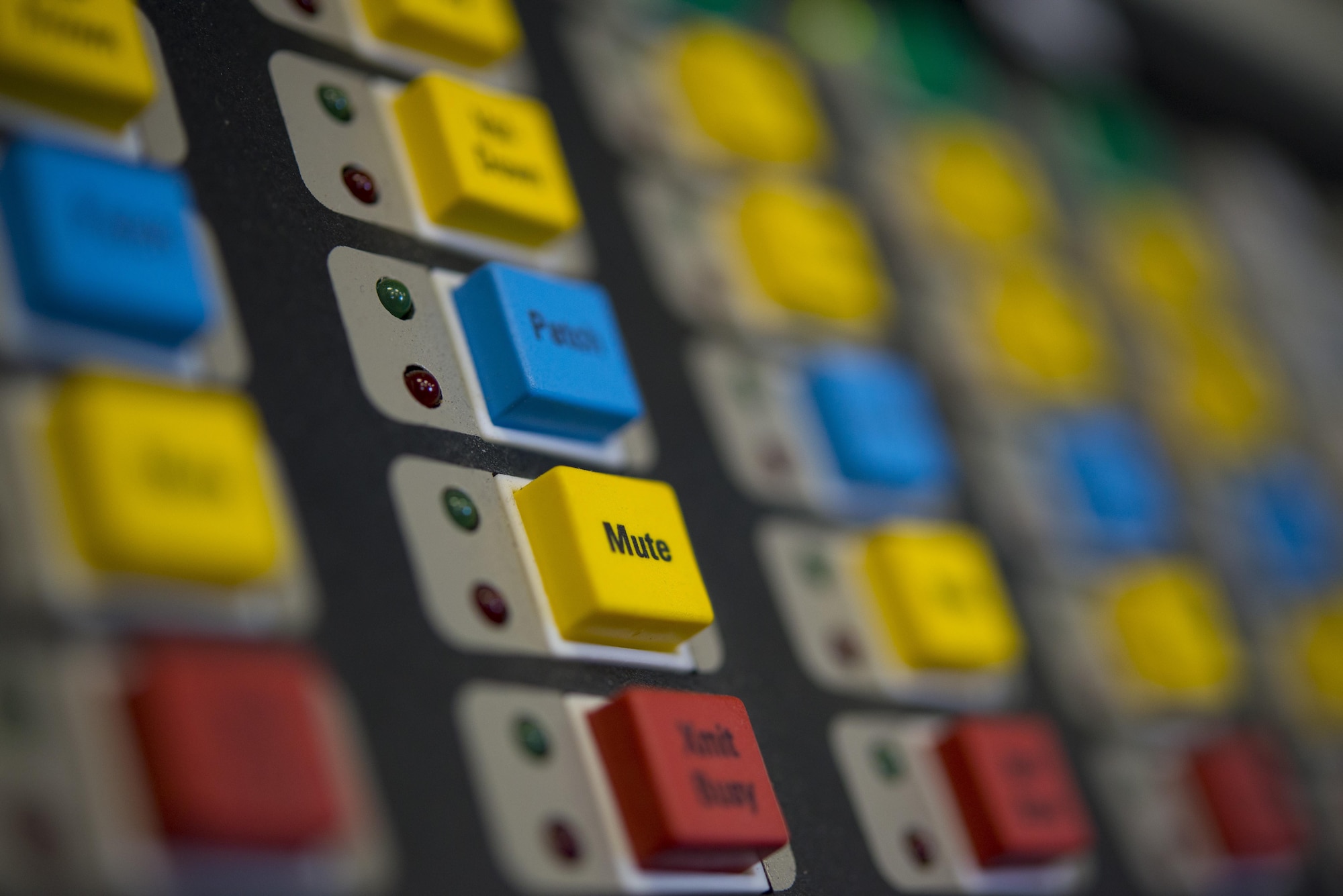 Buttons line a switchboard aboard the Kent County mobile incident command vehicle Sept. 22, 2016, on Dover Air Force Base, Del. From this switchboard, emergency response controllers can dispatch emergency response units from anywhere in the Delmarva Peninsula, with the ability to send signals to pagers, or text messages to responders’ phones. (U.S. Air Force photo by Senior Airman Aaron J. Jenne)