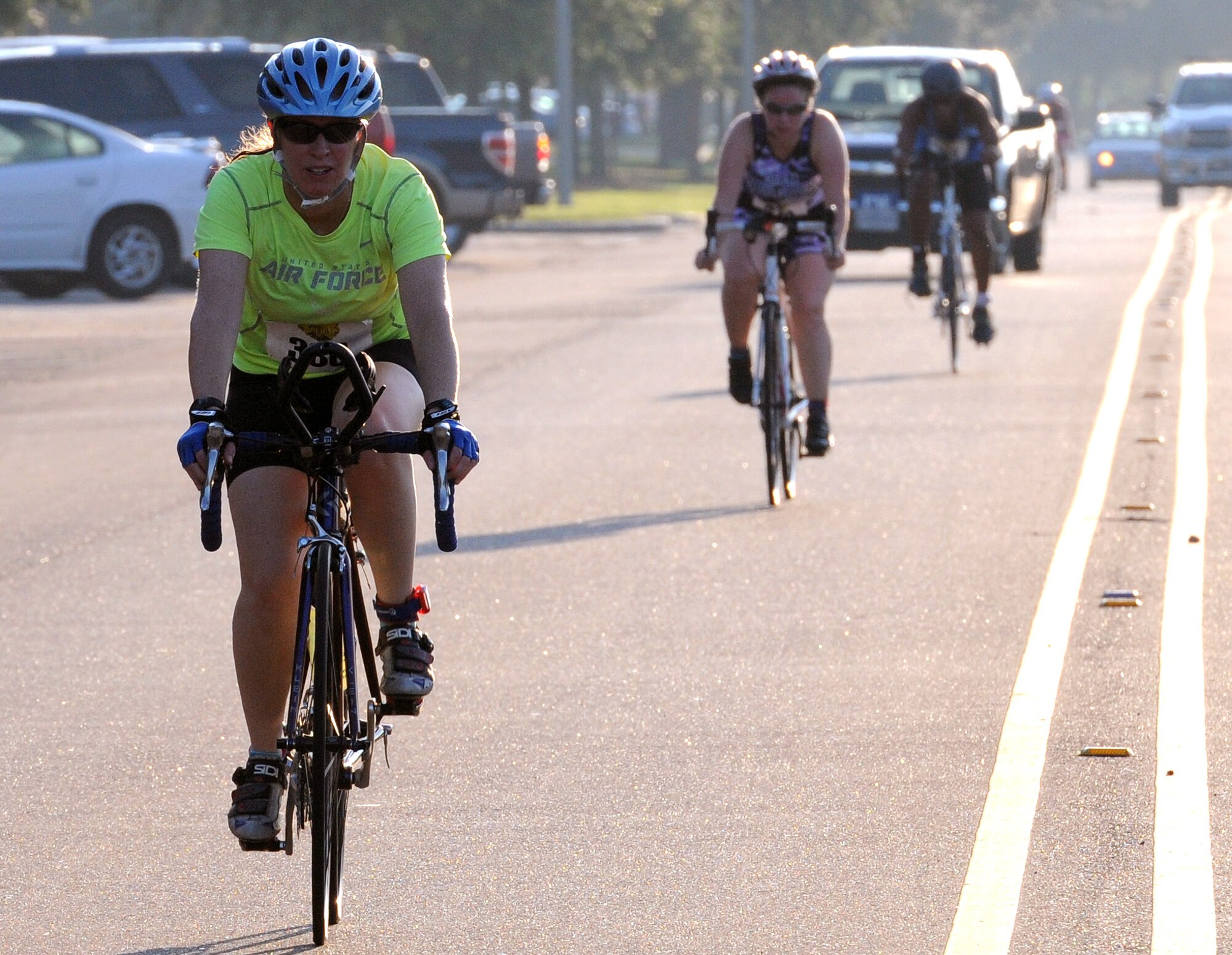 Maj. Jennifer Varney, 81st Medical Group doctor and nursing practice phase II site director, competes in the 9-mile bike course portion of Keesler’s mini-triathlon Sept. 23, 2016, on Keesler Air Force Base, Miss. The event also included a 200-yard swim and a 2-mile run.