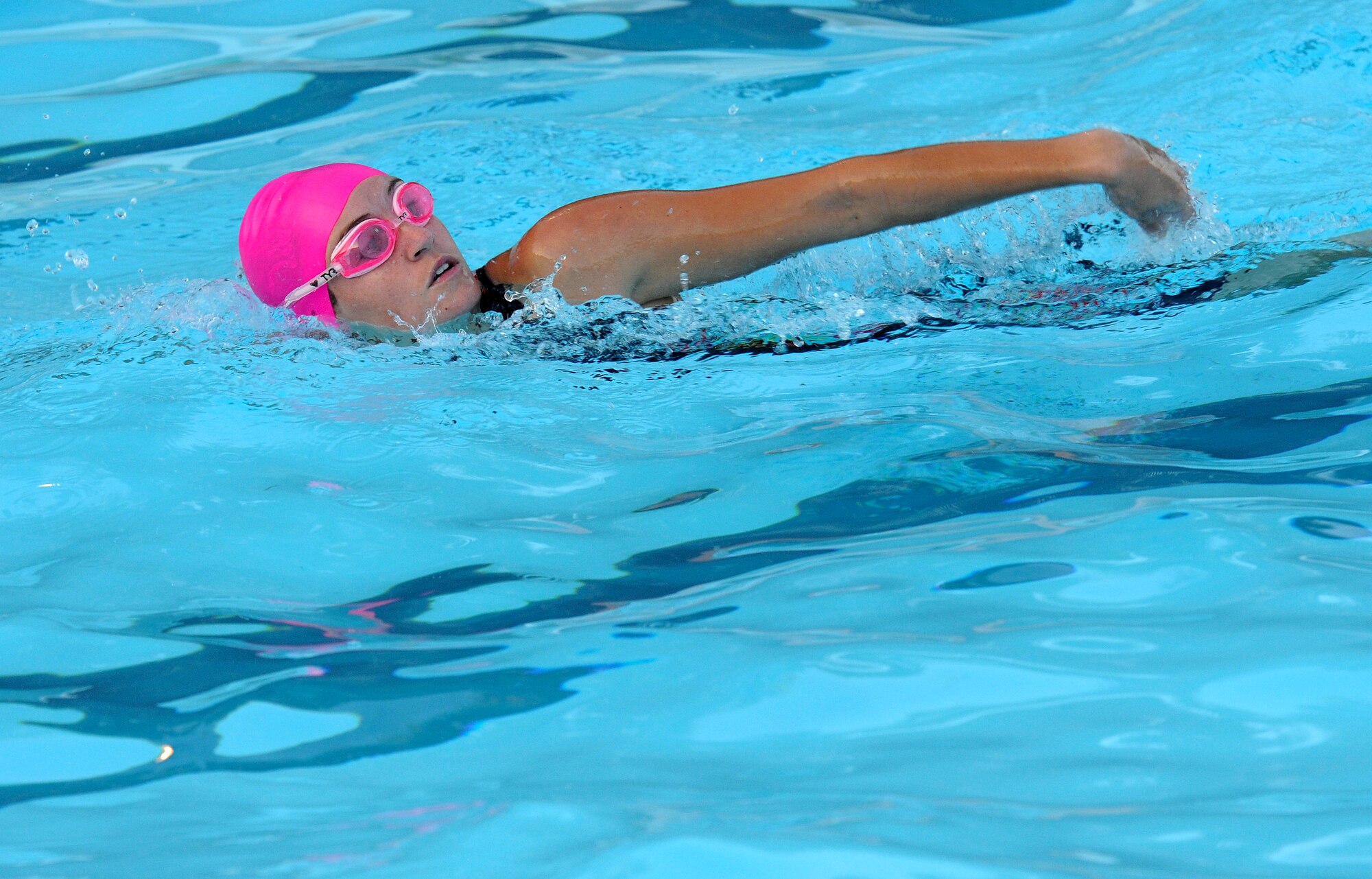 Cara Belvo, spouse of 2nd Lt. Alex Belvo, 81st Medical Support Squadron medical materiel director, participates in the 200-yard swim during Keesler’s mini-triathlon Sept. 23, 2016, on Keesler Air Force Base, Miss. The event also included a 9-mile bike ride and a 2-mile run.