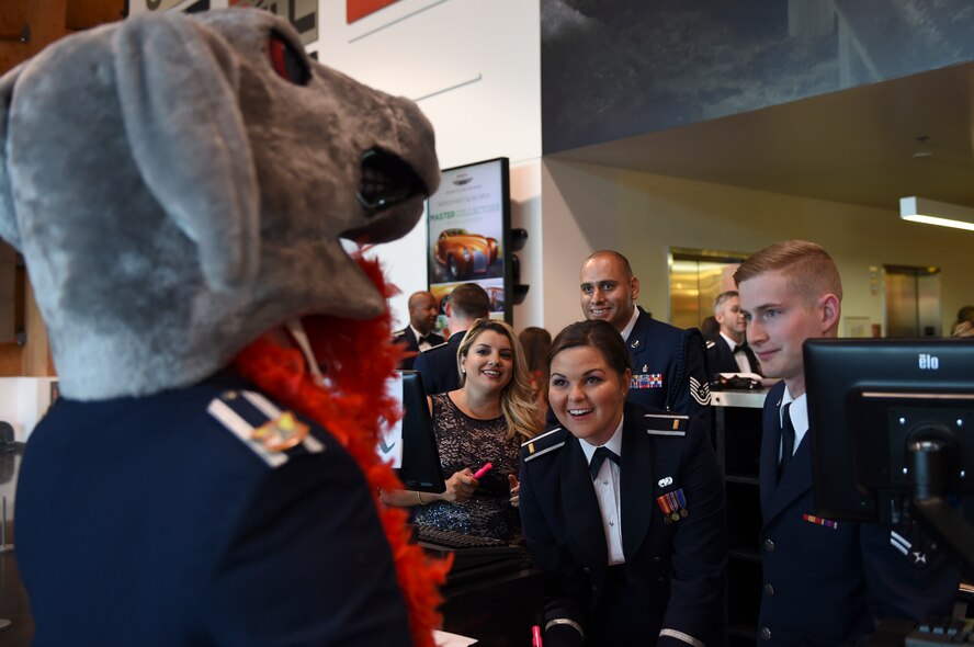 The 4th Airlift Squadron’s mascot checks in to the McChord Air Force Ball at the Lemay America’s Car Museum in Tacoma, Wash., Sept. 23, 2016. McChord Airmen, civilians and their families honored the tradition and legacy of the United States Air Force with an evening dedicated to those who have served and continue to serve. (U.S. Air Force photo/Staff Sgt. Naomi Shipley)