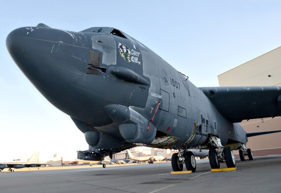 "Ghost Rider," a B-52H Stratofortress that was pulled from the 309th Aerospace Maintenance and Regeneration Group at Davis-Monthan AFB, Ariz., to replace another damaged B-52, arrived at Tinker Air Force Base in December 2015. The historic aircraft spent the last 9 months undergoing extensive repairs in programmed depot maintenance here. The work was completed 90 days ahead of schedule. (Air Force photo by Kelly White)