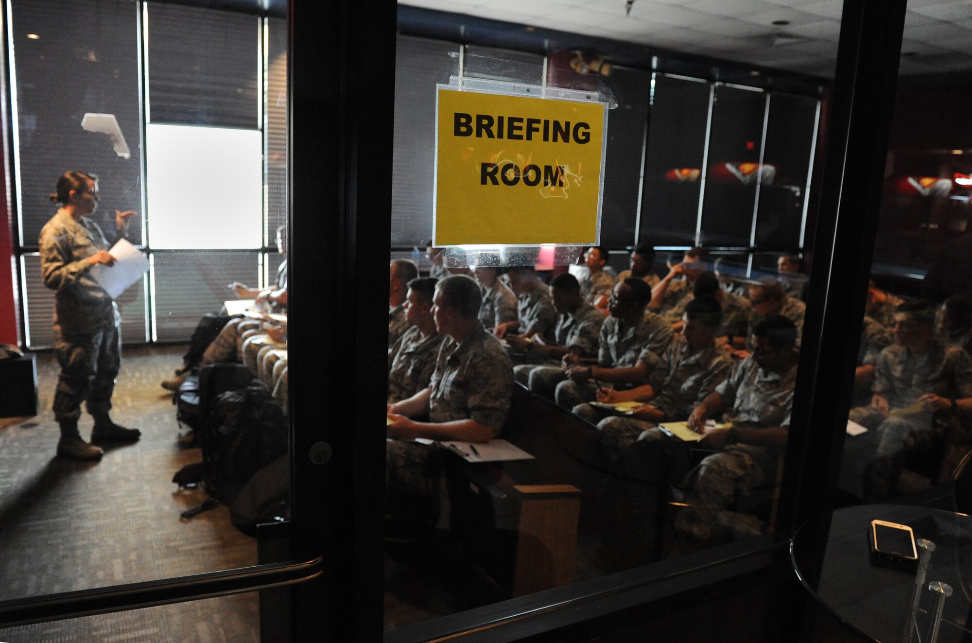 Airmen ‘patients’ are briefed prior to going through a point of dispensing line during a public health emergency exercise at Vandenberg Hall Sept. 22, 2016, on Keesler Air Force Base, Miss. The weeklong exercise tested how the 81st Medical Group responds during a mass sickness outbreak. The 81st MDG staged a point of dispensing to diagnose, discuss treatment plans and provide medicine to sick Airmen.