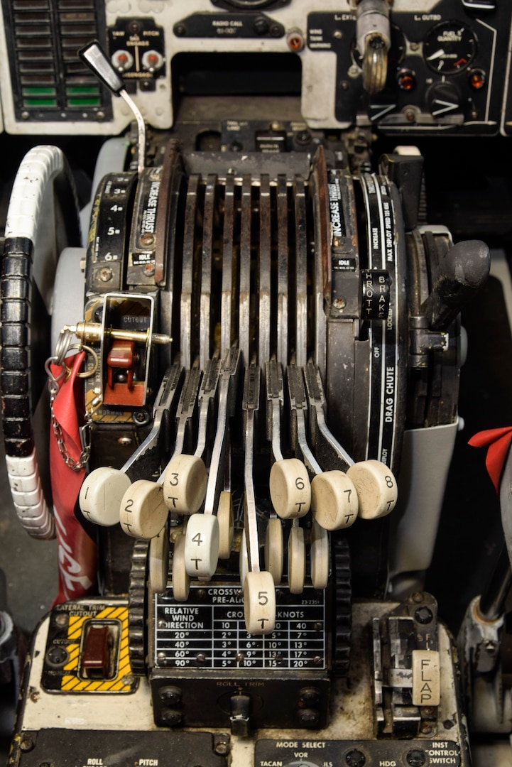 The throttle controls of B-52H 61-0007, 'Ghost Rider,' after overhaul by the Oklahoma City Air Logistics Complex, Okla. Sept. 23, 2016, Tinker Air Force Base, Okla. 'Ghost Rider' is the first B-52H to ever be regenerated from long-term storage with the 309th Aerospace Maintenance and Regeneration Group at Davis-Monthan AFB, Ariz., and returned to fully-operational flying status. (U.S. Air Force photo/Greg L. Davis)