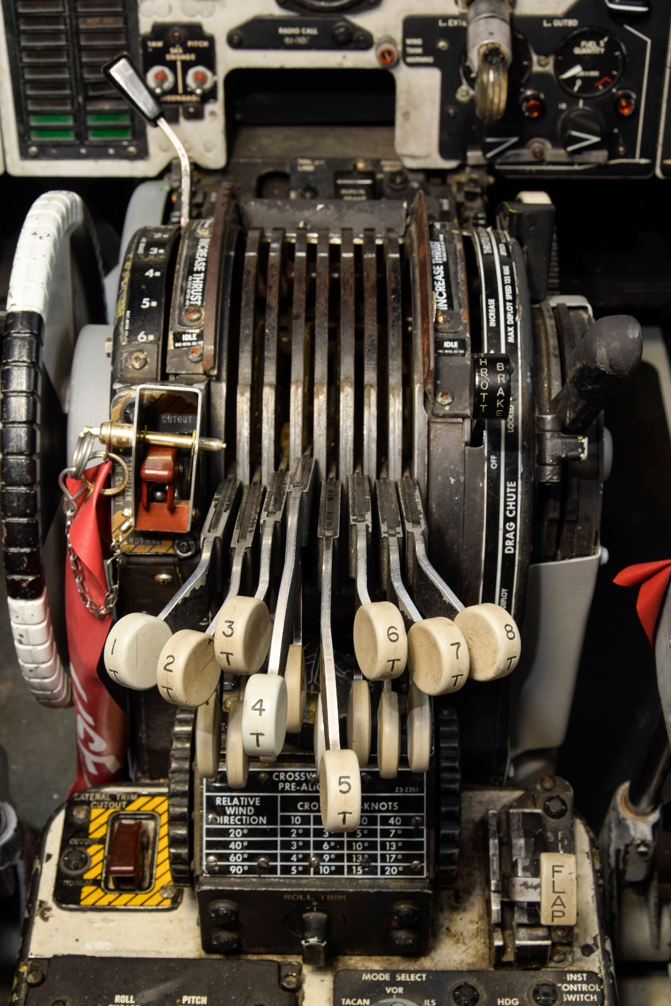 The throttle controls of B-52H 61-0007, 'Ghost Rider,' after overhaul by the Oklahoma City Air Logistics Complex, Okla. Sept. 23, 2016, Tinker Air Force Base, Okla. 'Ghost Rider' is the first B-52H to ever be regenerated from long-term storage with the 309th Aerospace Maintenance and Regeneration Group at Davis-Monthan AFB, Ariz., and returned to fully-operational flying status. (U.S. Air Force photo/Greg L. Davis)