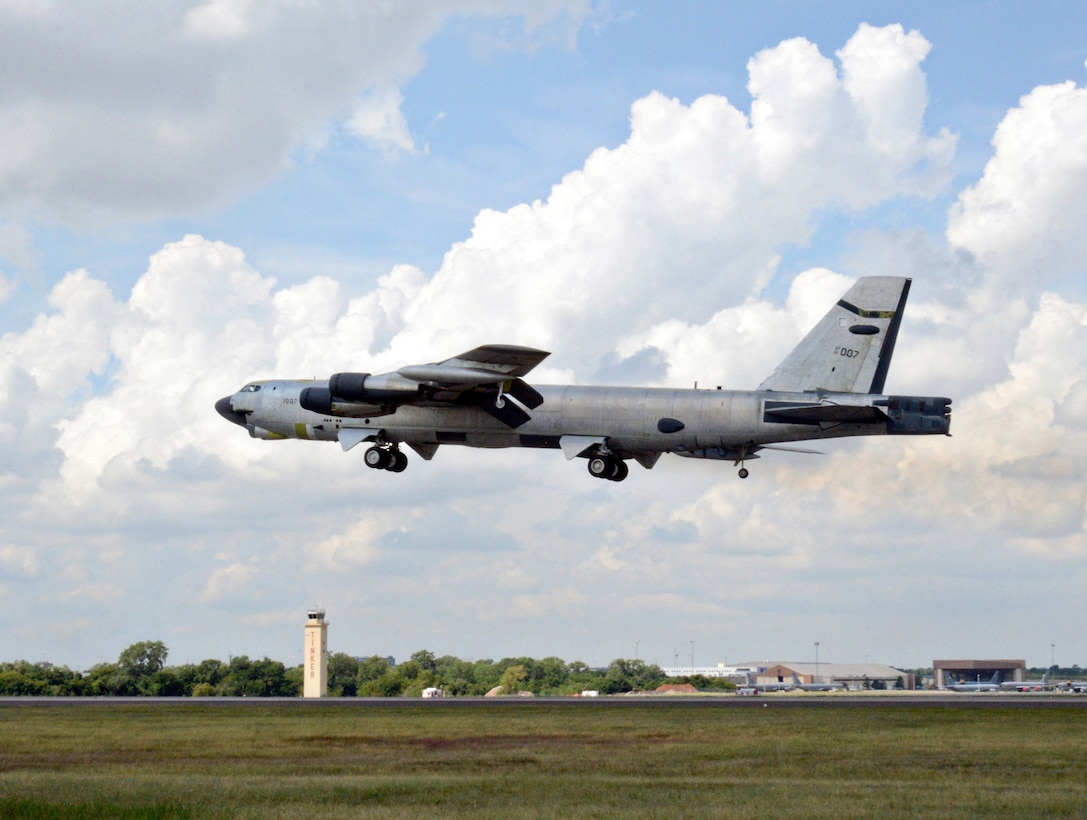 “Ghost Rider,” takes to the skies for a functional test flight Aug. 30, 2016, at Tinker Air Force Base, Okla. The B-52H Stratofortress is shown in natural metal since it has been overhauled and must be checked for full functionality before being painted. 61-0007 is the first B-52H to ever be regenerated from long-term storage with the 309th Aerospace Maintenance and Regeneration Group at Davis-Monthan AFB, Ariz., and returned to fully-operational flying status. (U.S. Air Force photo by Kelly White)