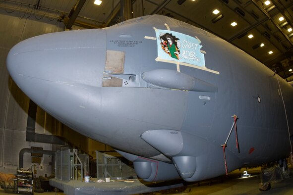 Tape lines and the high-speed vinyl decal have been placed on the nose of B-52H 61-0007, 'Ghost Rider,' for oplacement checks before being applied inside the Oklahoma City Air Logistics Complex, Sept. 21, 2016, Tinker Air Force Base, Okla. 'Ghost Rider' is the first B-52H to ever be regenerated from long-term storage with the 309th Aerospace Maintenance and Regeneration Group at Davis-Monthan AFB, Ariz., and returned to fully-operational flying status. (U.S. Air Force photo/Greg L. Davis)