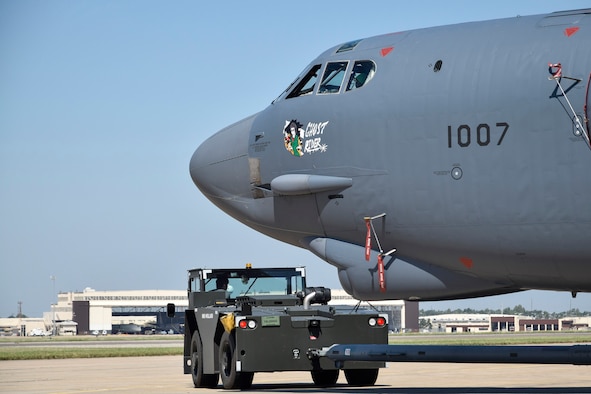 B-52H 61-0007, 'Ghost Rider,' basks in from sun for the first time after being moved from the paint hangar to complete a 19-month overhaul and upgrade by the Oklahoma City Air Logistics Complex, Okla. Sept. 22, 2016, Tinker Air Force Base, Okla. The jet has fresh paint along with a newly applied 'Ghost Rider' nose-art under the cockpit and is the first B-52H to ever be regenerated from long-term storage with the 309th Aerospace Maintenance and Regeneration Group at Davis-Monthan AFB, Ariz., and returned to fully-operational flying status. (U.S. Air Force photo/Greg L. Davis)