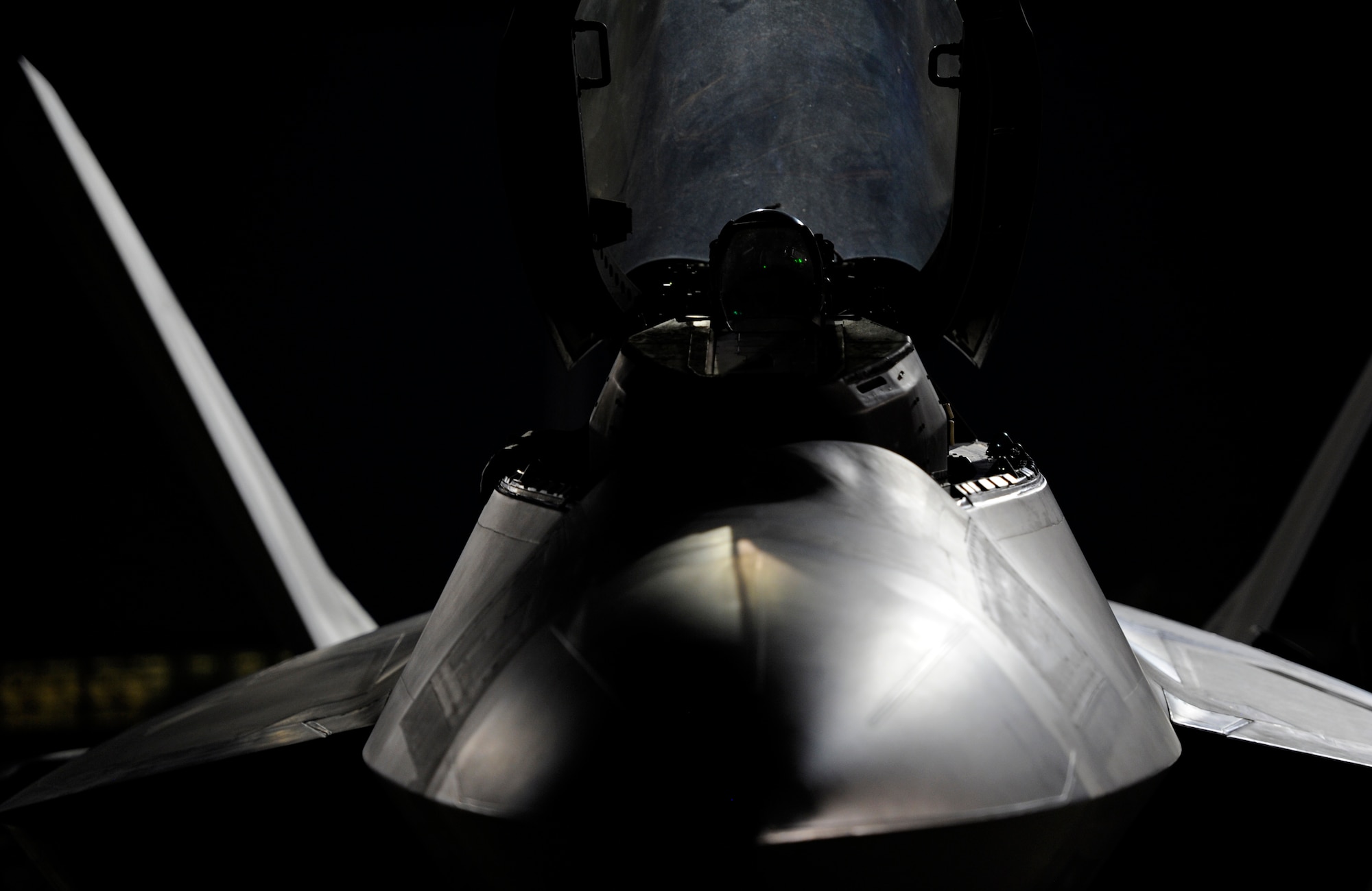 A 95th Fighter Squadron F-22 Raptor pilot conducts a pre-flight checklist prior to taxiing down the Tyndall runway to participate in a night flying mission Sept. 21, 2016. Tyndall’s fighter squadrons conduct night operations to ensure readiness to support combat operations any time of day. (U.S. Air Force photo by Senior Airman Solomon Cook/Released)