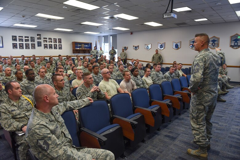 PETERSON AIR FORCE BASE, Colo. – Chief Master Sgt. Robert Woodin, Vosler NCO Academy commandant, addresses students after the conclusion of an active-shooter exercise at the VNCOA on Peterson Air Force Base, Colo., Sept. 21, 2016. This was the first time the VNCOA conducted this type of exercise, which received high marks for how well they handled the situation. (U.S. Air Force photo by Philip Carter)