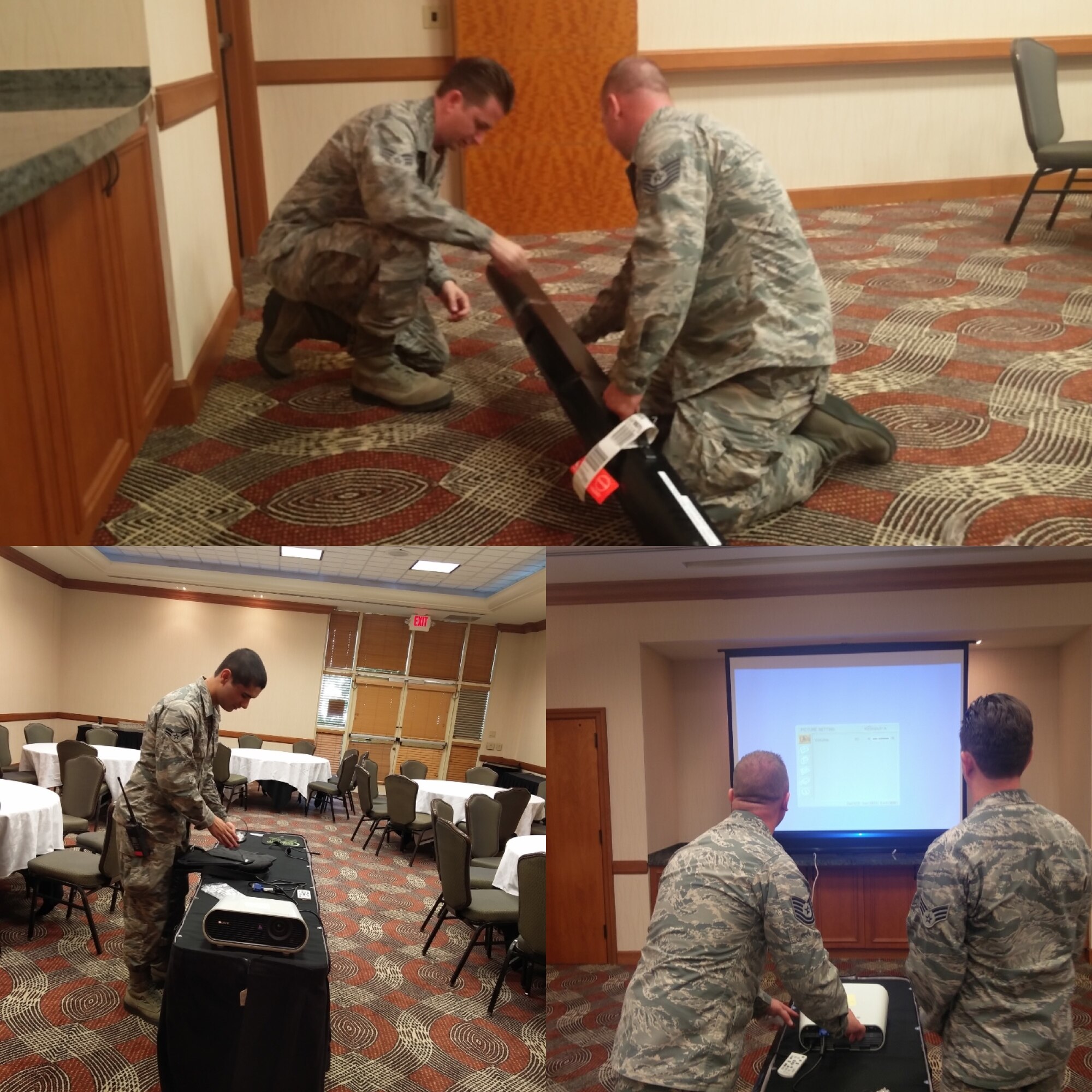 Clockwise from top:  Senior Airman Michael Brown, Tech. Sgt. William Reid, Airman First Class Alexander O'Neal go to work setting up audio visual and other information technology support at the Tempe Mission Palms, Tempe, Ariz., in support of the Air National Guard Aviation Resource Management 2016 Training Symposium. (U.S. Air National Guard photo illustration)