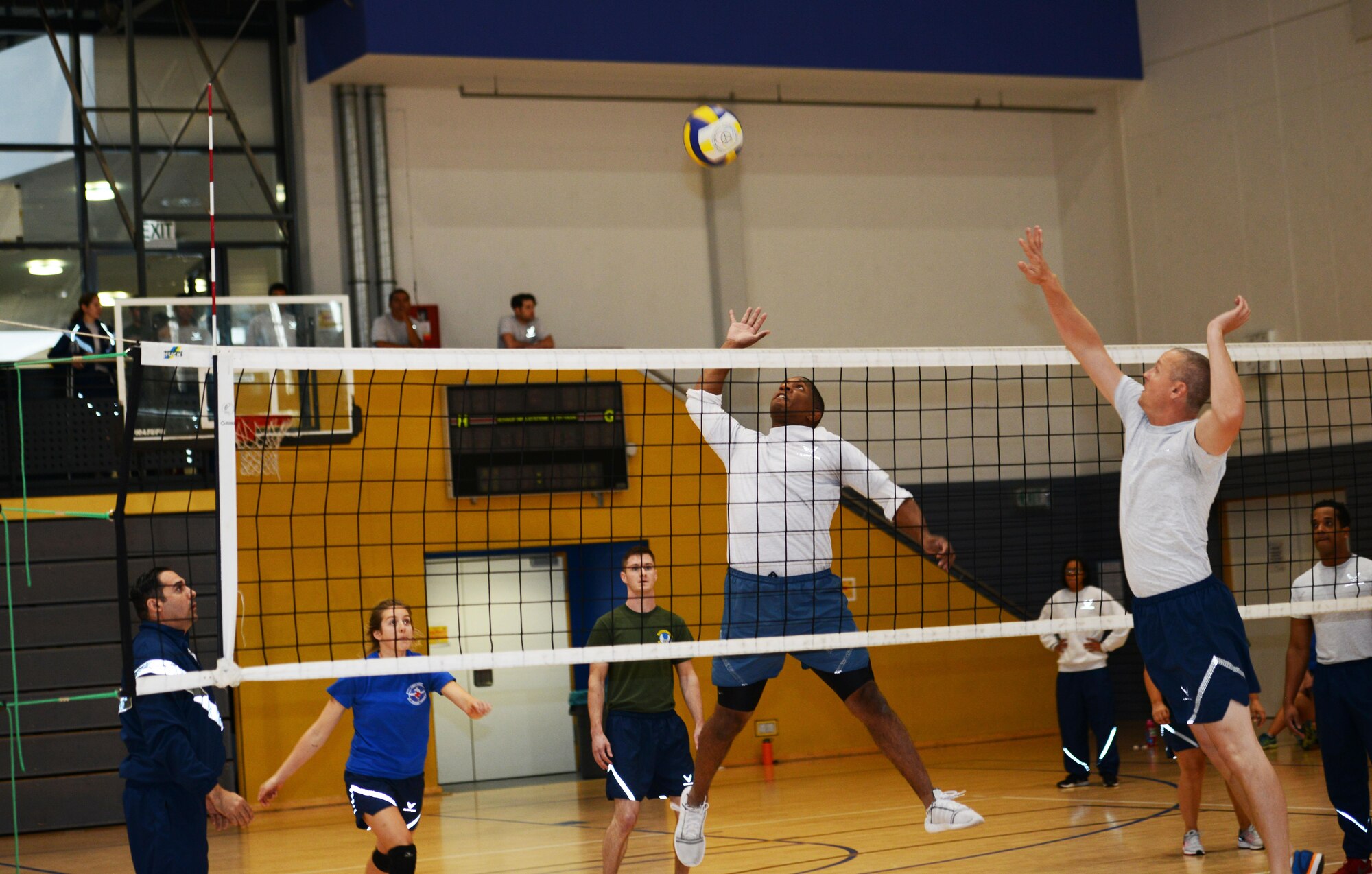 Airmen assigned to the 86th Airlift Wing compete in a volleyball game at Ramstein Air Base, Germany, Sept. 23, 2016. The 2016 Commander’s Challenge aimed to promote camaraderie, sportsmanship and physical fitness through 15 different sporting events. The Commander’s Challenge gave Airmen a chance to connect with their colleagues from other units in friendly competition. (U.S. Air Force photo by Airman 1st Class Joshua Magbanua)