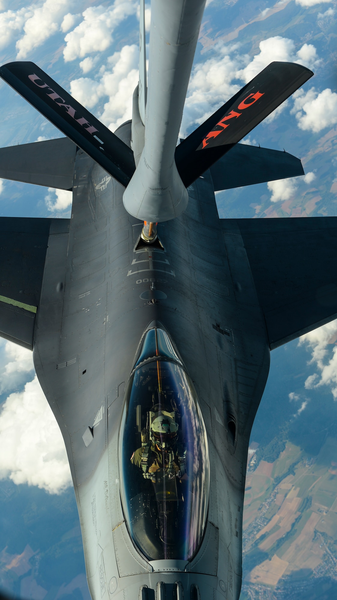 A U.S. Air Force F-16 Fighting Falcon, assigned to the 52nd Fighter Wing, Spangdahlem Air Base, Germany, receives fuel from a KC-135 Stratotanker from the 191st Air Refueling Squadron, Roland R. Wright Air National Guard Base, Utah, over Ramstein Air Base, Sept. 27, 2016. The 191st ARS ANG unit conducted the aerial refueling during a routine training sortie. (U.S. Air Force photo/Senior Airman Dawn M. Weber)