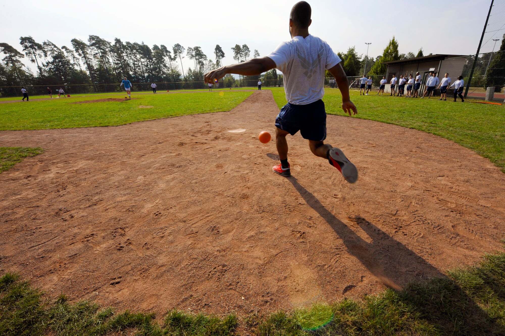 Airmen participate in a kickball game during the Commander’s Challenge Sept. 23, 2016, at Ramstein Air Base, Germany. The Commander’s Challenge gave Airmen the opportunity to build resilience and get out of the office for friendly competition. (U.S. Air Force photo by Staff Sgt. Sharida Jackson)