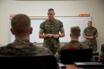 BGEN Bohm, Commanding Officer, Training Command, talks to students during his tour of Field Medical Training Battalion-East.