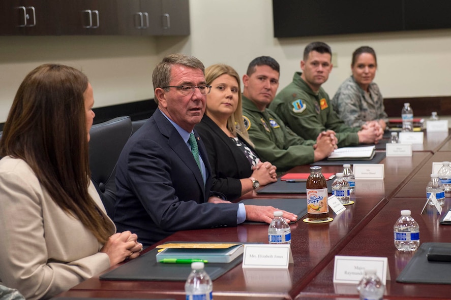 Defense Secretary Ash Carter meets with students from the School for Advanced Nuclear Deterrence Studies at Kirtland Air Force Base, N.M.