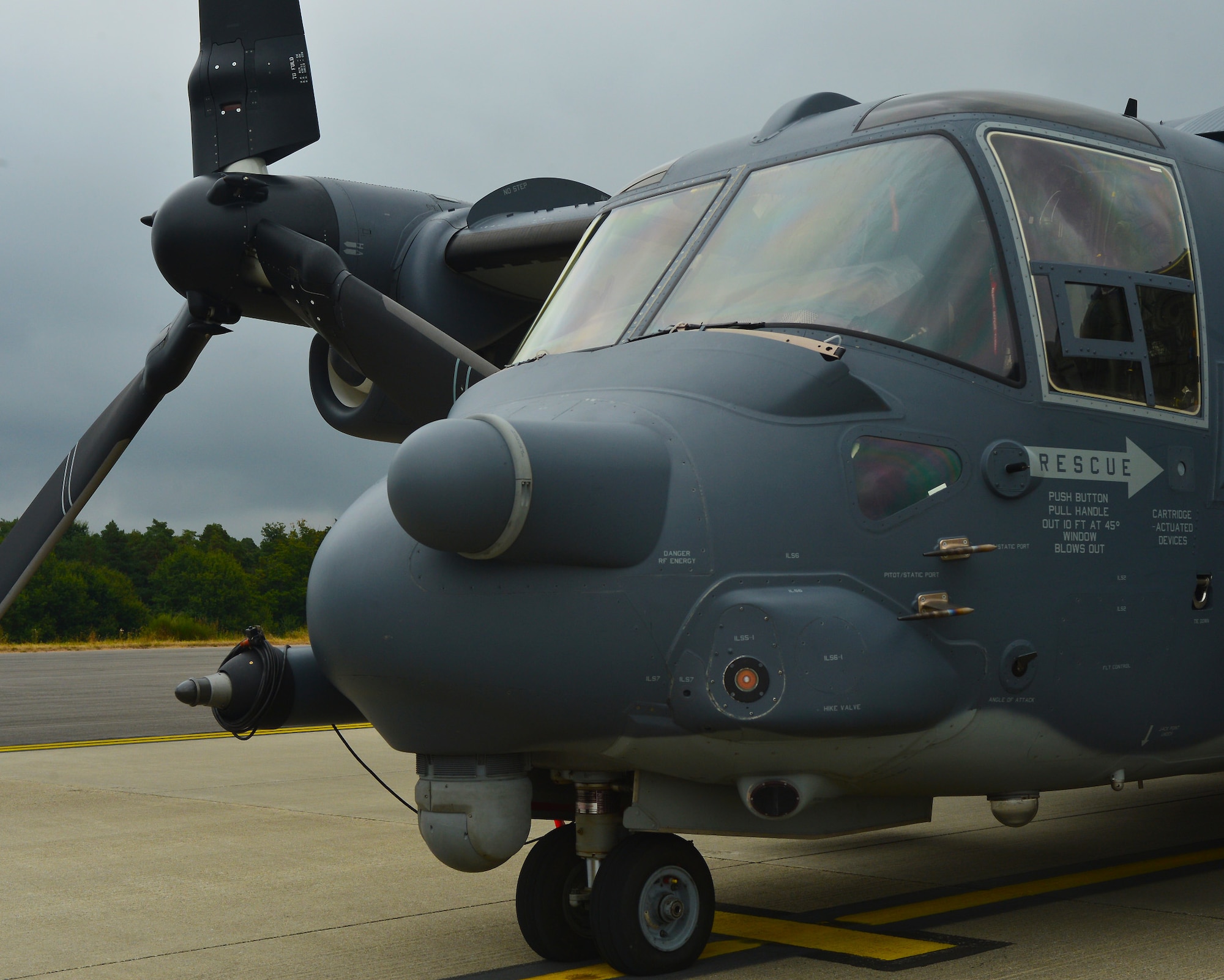 A U.S. Air Force CV-22 Osprey aircraft, assigned to the 352nd Special Operations Wing, Royal Air Force Mildenhall, England, rests on the flightline at Spangdahlem Air Base, Germany, Sept. 20, 2016. The Osprey visited Spangdahlem from Sept. 20-23 to undergo acoustic testing, which gaged the acoustic noise output of the aircraft. (U.S. Air Force photo/1st Lt. Meredith Mulvihill)