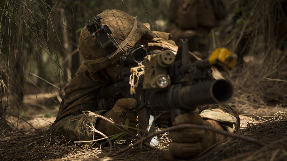 A Marine provides security during a patrol as part of a training exercise at the Kahuku Training Facility, Hawaii, Sept. 20, 2016. The exercise is part of a 7-week-long training event known as the Advance Infantry Course. The Advance Infantry Course, which is conducted by the Advance Infantry Battalion, Detachment Hawaii, is an advanced 0311 rifleman Military Occupational Specialty course for squad leaders who are currently serving in the operating field.