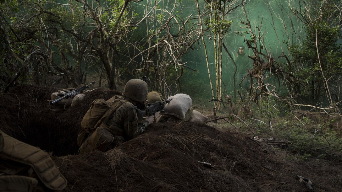 A Marine prepares to fire his M240 Machine Gun at a simulated hostile during an enemy raid scenario as part the Advance Infantry Course aboard the Kahuku Training Facility, Sept. 20, 2016. The exercise is part of a 7-week-long training event known as the Advance Infantry Course. The Advance Infantry Course, which is conducted by the Advance Infantry Battalion, Detachment Hawaii, is an advanced 0311 rifleman Military Occupational Specialty course for squad leaders who are currently serving in the operating field. 