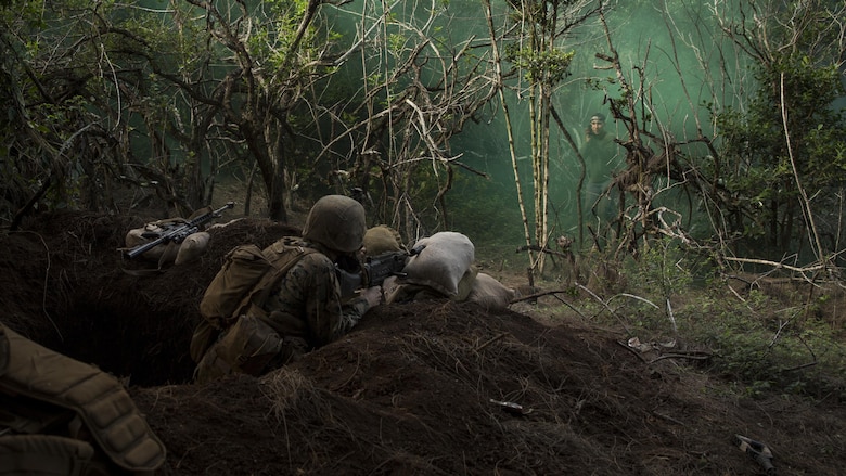 A Marine prepares to fire his M240 Machine Gun at a simulated hostile during an enemy raid scenario as part the Advance Infantry Course aboard the Kahuku Training Facility, Sept. 20, 2016. The exercise is part of a 7-week-long training event known as the Advance Infantry Course. The Advance Infantry Course, which is conducted by the Advance Infantry Battalion, Detachment Hawaii, is an advanced 0311 rifleman Military Occupational Specialty course for squad leaders who are currently serving in the operating field. 