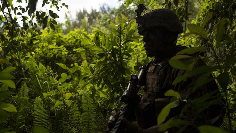 Lance Cpl. Anthony Acedo, a rifleman with Alpha Company, 1st Battalion, 7th Marine Regiment, and a Tuscon, Arizona, native, provides security during a patrol as part of a training exercise aboard the Kahuku Training Facility, Sept. 20, 2016. The exercise is part of a 7-week-long training event known as the Advance Infantry Course. The Advance Infantry Course, which is conducted by the Advance Infantry Battalion, Detachment Hawaii, is an advanced 0311 rifleman Military Occupational Specialty course for squad leaders who are currently serving in the operating field. 