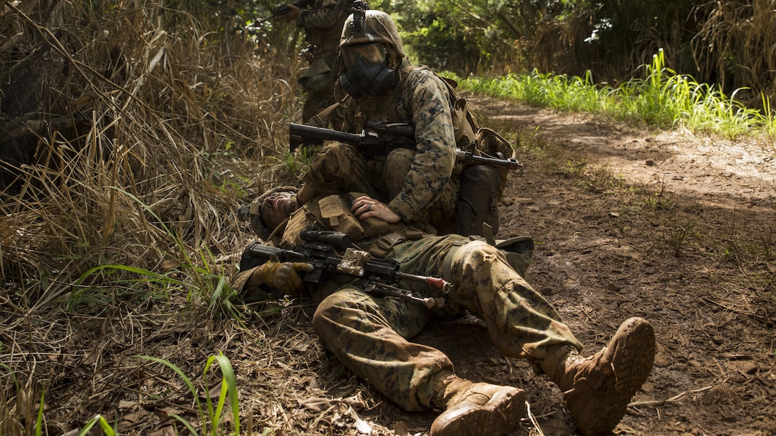 A Marine aids a simulated casualty after an ambush as part of a training exercise aboard the Kahuku Training Facility, Sept. 20, 2016. The exercise is part of a 7-week-long training known as the Advance Infantry Course. The Advance Infantry Course, which is conducted by the Advance Infantry Battalion, Detachment Hawaii, is an advanced 0311 rifleman Military Occupational Specialty course for squad leaders who are currently serving in the operating field. 