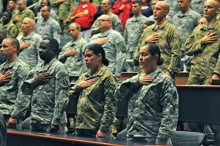 Soldiers from the 63rd Regional Support Command perform the Pledge of Allegiance as part of the 63rd RSC’s 4th annual Gold Star Family Day event, Sept. 24, Armed Forces Reserve Center, Mountain View, Calif., which honored local Families who have dealt with the loss of loved ones in combat. (U.S. Army Reserve photo by Capt. Alun Thomas)