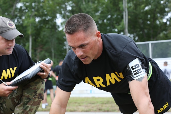U.S. Army Sgt. 1st Class, Joshua Moeller, assigned to U.S. Army Reserve Command, participates in the push-up event during the U.S. Army 2016 Best Warrior Competition (BWC) at Fort A.P. Hill, Va., Sept. 26, 2016. The BWC is an annual four-day event that will test 20 individuals on their physical and mental capabilities. (U.S. Army photo by Spc. Michel'le Stokes)