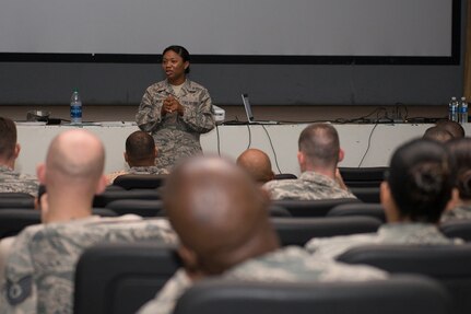 Master Sgt. Tammanica Muse, 324th Training Squadron first sergeant, answers questions during the First Sergeant Symposium Sept. 22 at the Joint Base San Antonio-Lackland theater. The four-day symposium provided networking opportunities, training and updates for the ever-changing role first sergeants play in the Air Force. The JBSA First Sergeant’s Council hosted the educational symposium Sept. 19-22 for first sergeants and those interested in becoming one. 