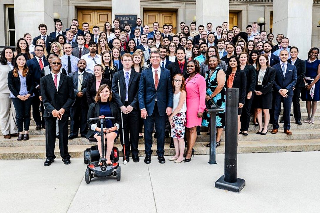 Defense Secretary Ash Carter takes a photograph with summer interns including those participating in the Workforce Recruitment Program at the Pentagon, Aug. 3, 2016. DoD offers programs for students, graduates and professionals, and employs more than 700,000 diverse civilians. DoD photo by Army Sgt. First Class Clydell Kinchen
