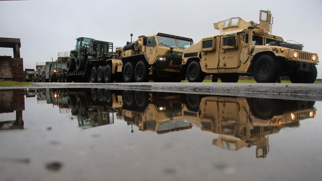 Marines prepare a convoy during a field exercise at Marine Corps Outlying Field Camp Davis, N.C., Sept. 22, 2016. Support squadrons across the Marine Corps often conduct these exercises to remain ready for any challenge they may face in forward deployed environments. This exercise featured events such as auxiliary airfield construction, ground security and airfield damage repair. This squadron's capabilities contribute to 2nd Marine Aircraft Wing's role in the Marine Air Ground Task Force's mission accomplishment. This exercise was conducted by Marine Wing Support Squadron 274, Marine Aircraft Group 29, 2nd MAW.