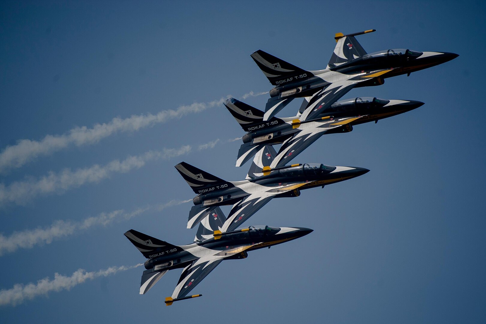 Republic of Korea air force Black Eagles fly in formation during Air Power Day 2016 on Osan Air Base, Republic of Korea, Sept. 25, 2016. Air Power Day was a two-day event that highlighted the partnership between the Republic of Korea and the U.S. military.