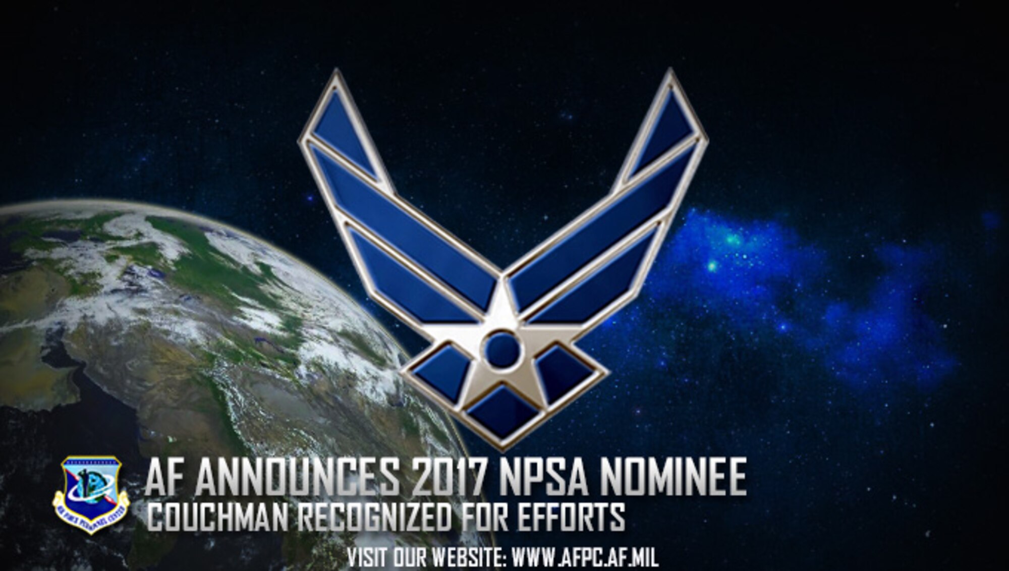 Air Force officials are pleased to announce Maj. Michael R. Couchman, National Geospatial-Intelligence Agency, Springfield, Virginia, Air Force District of Washington, as the Air Force nominee for the 2017 National Public Service Award. Couchman will be authorized to wear the Air Force Recognition Ribbon in accordance with Air Force Instruction 36-2805, Special Trophies and Awards. (U.S. Air Force graphic by Staff Sgt. Alexx Pons) 