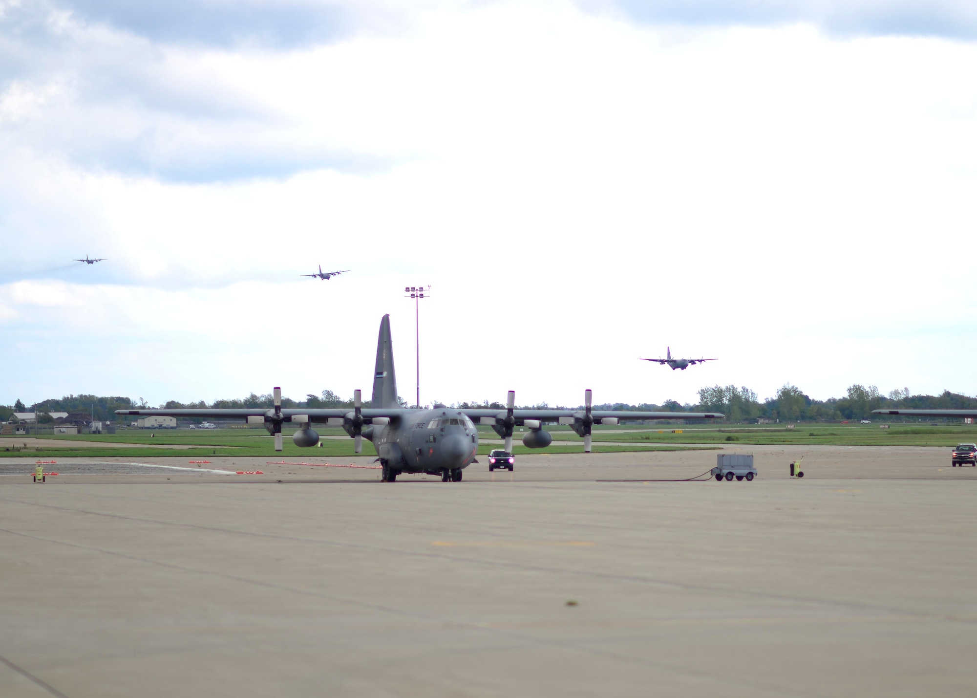 Three C-130 Hercules aircraft return from a deployment to the Middle East Sunday, September 18, 2016. The aircraft were deployed in support of Operation Inherent Resolve. (U.S. Air Force photo by Tech. Sgt. Stephanie Sawyer)