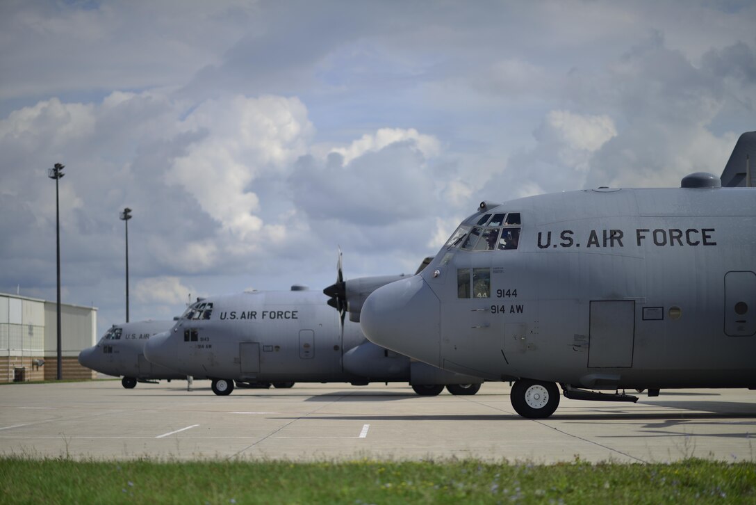 Three C-130 Hercules aircraft return from a deployment to the Middle East Sunday, September 18, 2016. The aircraft were deployed in support of Operation Inherent Resolve. (U.S. Air Force photo by Tech. Sgt. Stephanie Sawyer)