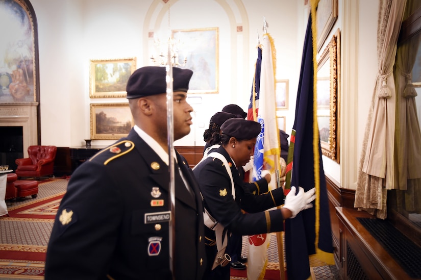 Army Reserve soldiers, assigned to the 85th Support Command, present the colors during the 70th reunion of Easy Company, 2nd Battalion, 506th Parachute Infantry Regiment, 101st Airborne Division at the Union League Club of Chicago, September 24, 2016. The famed Easy Company became widely known in part due to an HBO mini series called Band of Brothers. The 506th PIR was an experimental airborne regiment created in 1942 in Toccoa, Georgia that served in World War II.
(U.S. Army photo by Sgt. Aaron Berogan/Released)