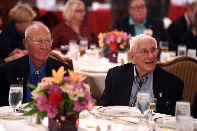 World War II veterans Brad Freeman, sitting left, and Albert Mampre listen to speakers during the 70th anniversary of Easy Company, 2nd Battalion, 506th Parachute Infantry Regiment, 101st Airborne Division reunion in Chicago, September 24, 2016. Both men were members of Easy Company and the only two members at the reunion.
(U.S. Army photo by Sgt. Aaron Berogan/Released)