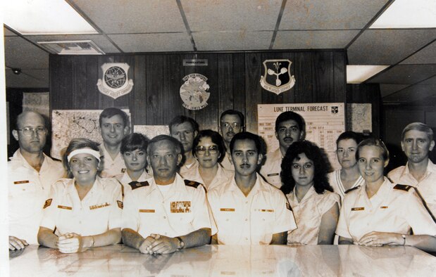 Presnal (third from left) poses for a unit photo celebrating the Air Weather Service’s 50th anniversary at Luke Air Force Base, circa 1980s. A small ceremony to recognize Presnal’s 50 years of service is scheduled for Sept. 28, 2016, in the 56th Operations Support Squadron building conference room. (U.S. Air Force photo by Tech Sgt. Luther Mitchell Jr.)