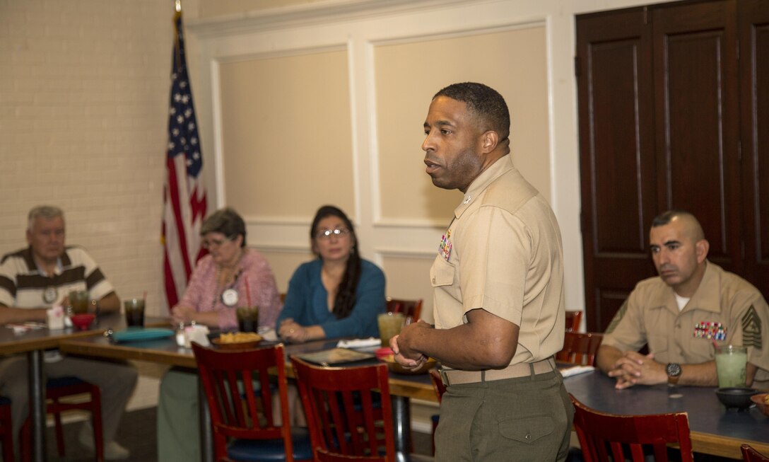 Col. Sekou S. Karega, commander of Marine Corps Logistics Base Barstow, speaks to members of the Rotary Club of Barstow during the organization's monthly luncheon, Sept. 28. During that time he spoke a little about himself and his career but focused more on the things the base has accomplished throughout the year.