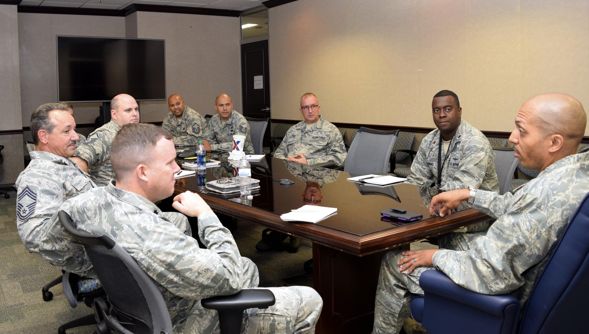 Col. Anthony M. Perkins, 960th Cyberspace Operations Group commander, meets with members of the newly activated 42nd Cyberspace Operations Squadron Sept. 12 at Scott Air Force Base, Ill. Lt. Col. Samuel McGlynn, front left, assumed command of the new unit, which has a rich lineage dating back to 1949 when it was first activated at Mitchell Air Force Base, New York, as the 42nd Communications Squadron. Read the full article about the activation and assumption of command ceremony on our website or by clicking here. (U.S. Air Force photo by Maj. Alysia R. Harvey)
