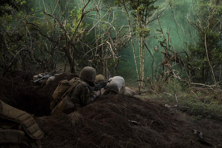 KAHUKU TRAINING FACILITY – A Marine prepares to fire his M240 Machine Gun at a simulated hostile during an enemy raid scenario as part the Advance Infantry Course aboard the Kahuku Training Facility, Sept. 20, 2016. The exercise is part of a 7-week-long training event known as the Advance Infantry Course. The Advance Infantry Course, which is conducted by the Advance Infantry Battalion, Detachment Hawaii, is an advanced 0311 (Rifleman) Military Occupational Specialty course for squad leaders who are currently serving in the operating field. Originally only for 3rd Marine Division, the course here has opened up to various infantry units throughout the Marine Corps. Marines start with a week of proofing their prerequisites that are required for the course, confirming their basic skill sets, and then spend two weeks in a garrison environment doing course work and physical training routines geared toward the squad leader. Towards the second half of the course, Marines conduct one live fire week, followed by three consecutive weeks in the field, progressing from an urban exercise to a patrolling exercise, with offensive and defensive tactics. Marines trained in multiple areas on the island, from high in the mountains of the Kahuku Training Facility to the Military Operation in Urban Terrain facilities on Marine Corps Training Area Bellows. (U.S. Marine Corps Photo by Lance Cpl. Jesus Sepulveda Torres)