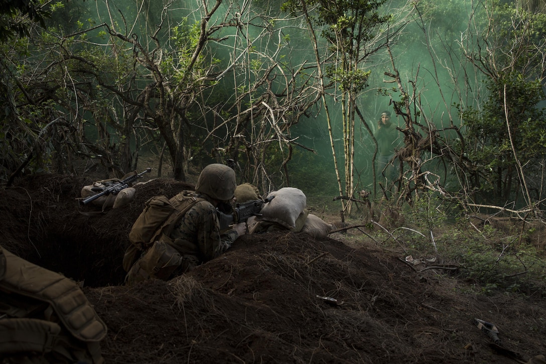 KAHUKU TRAINING FACILITY – A Marine prepares to fire his M240 Machine Gun at a simulated hostile during an enemy raid scenario as part the Advance Infantry Course aboard the Kahuku Training Facility, Sept. 20, 2016. The exercise is part of a 7-week-long training event known as the Advance Infantry Course. The Advance Infantry Course, which is conducted by the Advance Infantry Battalion, Detachment Hawaii, is an advanced 0311 (Rifleman) Military Occupational Specialty course for squad leaders who are currently serving in the operating field. Originally only for 3rd Marine Division, the course here has opened up to various infantry units throughout the Marine Corps. Marines start with a week of proofing their prerequisites that are required for the course, confirming their basic skill sets, and then spend two weeks in a garrison environment doing course work and physical training routines geared toward the squad leader. Towards the second half of the course, Marines conduct one live fire week, followed by three consecutive weeks in the field, progressing from an urban exercise to a patrolling exercise, with offensive and defensive tactics. Marines trained in multiple areas on the island, from high in the mountains of the Kahuku Training Facility to the Military Operation in Urban Terrain facilities on Marine Corps Training Area Bellows. (U.S. Marine Corps Photo by Lance Cpl. Jesus Sepulveda Torres)