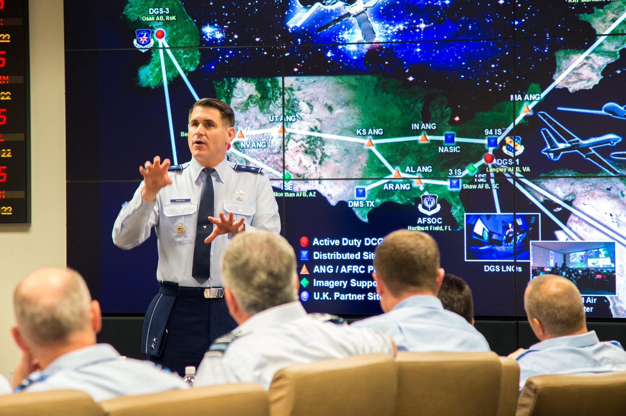 Maj. Gen. Chris Weggeman, commander, 24th Air Force, hosted twelve Air Chiefs and their assistants from the North Atlantic Treaty Organization (NATO) at JBSA-Lackland 22 Sep.  The NATO guests included General Officers from Albania, Czech Republic, Denmark, Estonia, Greece, Latvia, Lithuania, Poland, Portugal, Romania, Slovak Republic and Slovenia. United States Air Force Senior Leaders that accompanied the NATO Air Chiefs included General Tod Wolters, commander, United States Air Forces Europe and Africa, Ms. Heidi Grant, Deputy Under Secretary of the Air Force, International Affairs, and Brigadier General Kevin Huyck, Deputy Chief of Staff Operations, NATO Headquarters Allied Air Command. Maj. Gen. Weggeman briefed the group on current Air Force cyber initiatives and operations, while Maj. Gen. B.J. Schwedo, commander, 25th Air Force, briefed the distinguished visitors on United States Air Force Intelligence, Reconnaissance and Surveillance operations and support activities (US Air Force photos by MSgt Rene Ochoa). 