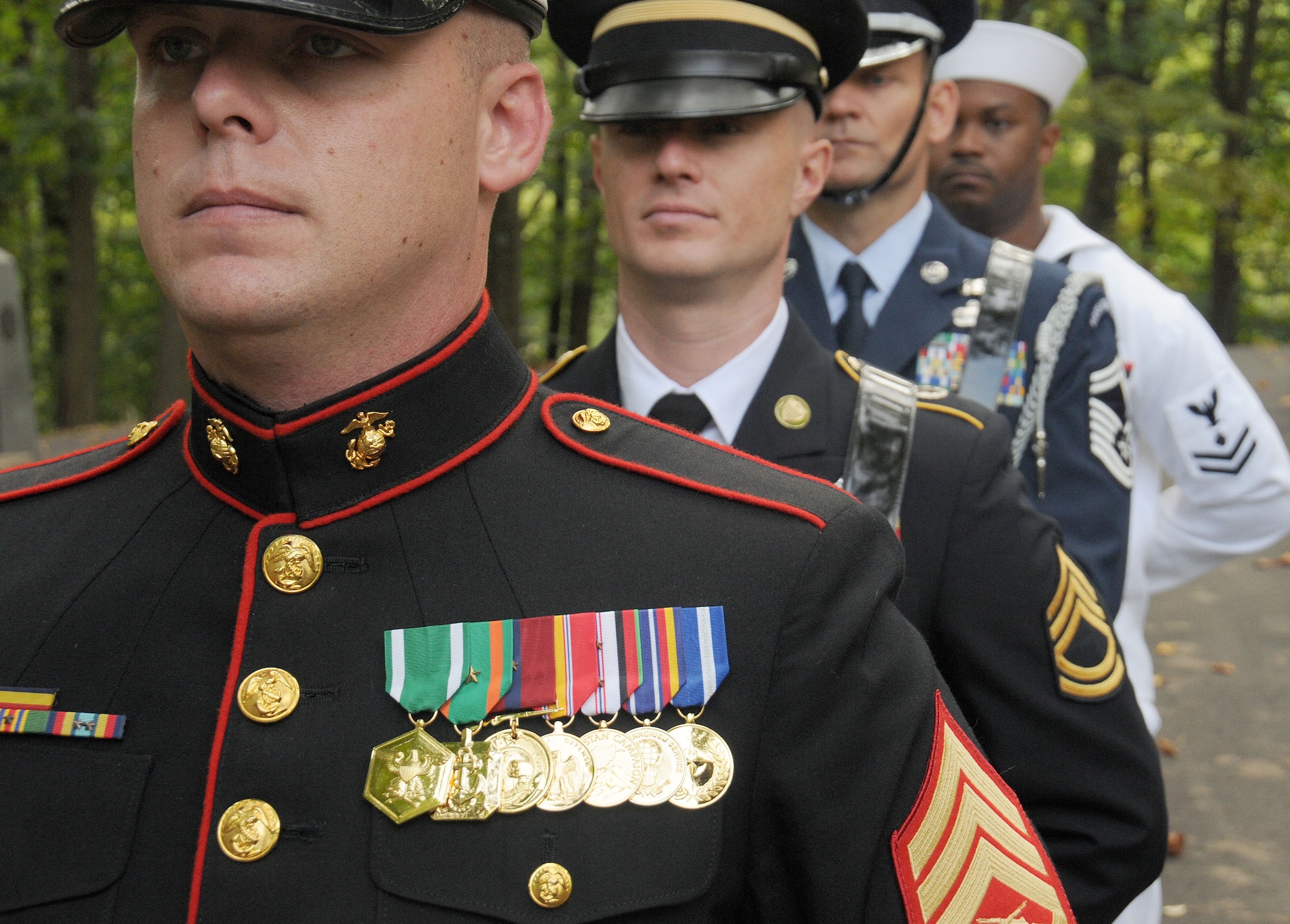 A military multiservice honor guard detail proudly presents the colors during the Freedoms Foundation’s Medal of Honor Grove Honor our Heroes Ceremony on Sep. 24, 2016 in Phoenixville, Pa. Broader diversity than just their service affiliation, the group is comprised of active-duty, Guard and Reserve members. (U.S. Air National Guard photo by Master Sgt. Christopher Botzum)