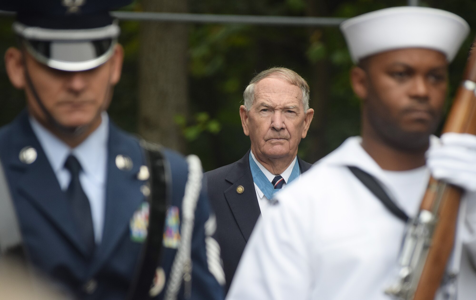 Army Col. Walter Marm, Jr., sole surviving Pennsylvania native Medal of Honor recipient (center) rises as the colors are presented by a multiservice branch honor guard detail during the Honor our Veterans ceremony held at the Freedoms Foundation’s Medal of Honor Grove in Phoenixville, Pa. on Sept. 24, 2016. Marm, along with Pennsylvania Lt. Gov. Mike Stack and Pennsylvania Adjutant General Brig. Gen Tony Carrelli, were featured speakers during the event paying homage to the nearly 3,500 Medal of Honor recipients. (U.S. Air National Guard photo by Master Sgt. Christopher Botzum)