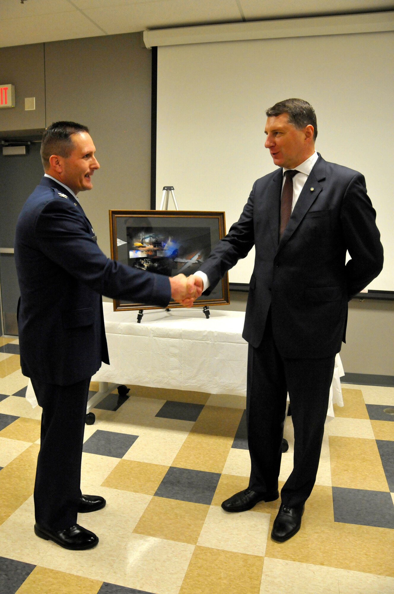 The 110th Attack Wing, Battle Creek Air National Guard Base, Mich. proudly host the President of the Republic of Latvia, Raimonds Vejonis, for a special tour of Wing facilities, Friday, September 23, 2016. Joined by his wife, Iveta, the President’s two-hour visit included a briefing at the 217th Air Operations Group which highlighted the 110th Attack Wing’s mission capabilities: Command and Control, Cyber Operations, Agile Combat Support, and the MQ-9 Reaper program. President Vejonis’s visit to the 110th Attack Wing celebrated the highly-successful State Partnership between Latvia and the Michigan Air National Guard. The U.S. Department of Defense established the State Partnership Program in 1993 to promote stability, enhance military capability, improve interoperability and enhance the principles of responsible governance among struggling Baltic Nations and assigned program management to the National Guard Bureau.(Air National Guard Photo by Master Sgt. Sonia Pawloski/released)