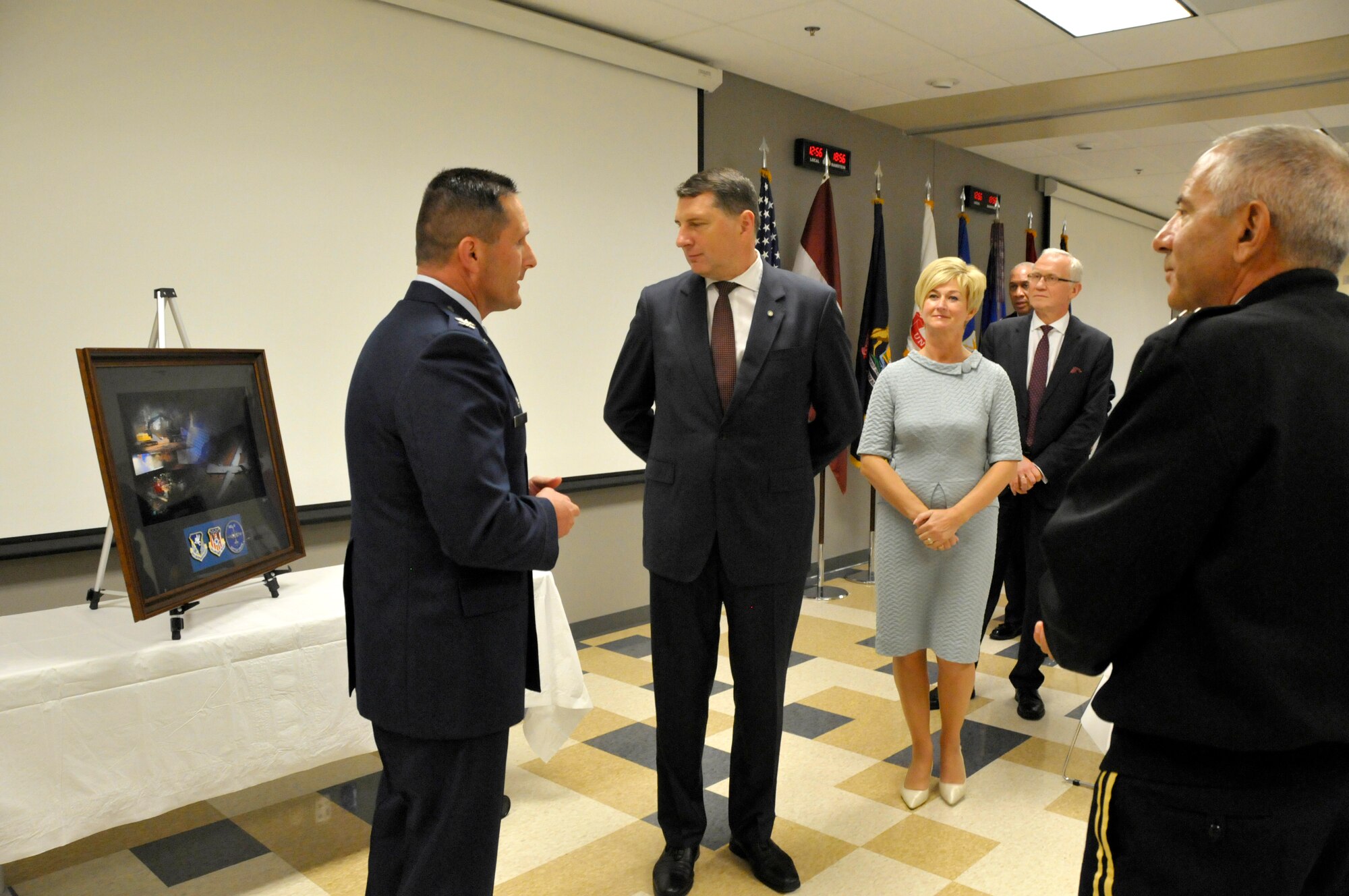 The 110th Attack Wing, Battle Creek Air National Guard Base, Mich. proudly host the President of the Republic of Latvia, Raimonds Vejonis, for a special tour of Wing facilities, Friday, September 23, 2016. Joined by his wife, Iveta, the President’s two-hour visit included a briefing at the 217th Air Operations Group which highlighted the 110th Attack Wing’s mission capabilities: Command and Control, Cyber Operations, Agile Combat Support, and the MQ-9 Reaper program. President Vejonis’s visit to the 110th Attack Wing celebrated the highly-successful State Partnership between Latvia and the Michigan Air National Guard. The U.S. Department of Defense established the State Partnership Program in 1993 to promote stability, enhance military capability, improve interoperability and enhance the principles of responsible governance among struggling Baltic Nations and assigned program management to the National Guard Bureau.(Air National Guard Photo by Master Sgt. Sonia Pawloski/released)