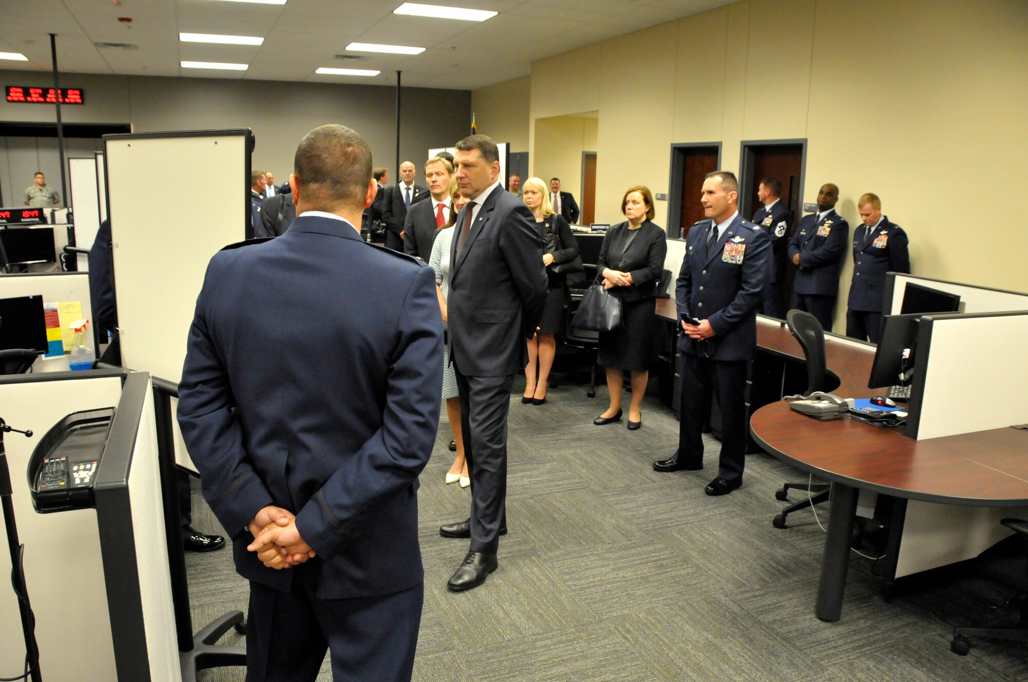 The 110th Attack Wing, Battle Creek Air National Guard Base, Mich. proudly host the President of the Republic of Latvia, Raimonds Vejonis, for a special tour of Wing facilities, Friday, September 23, 2016. Joined by his wife, Iveta, the President’s two-hour visit included a briefing at the 217th Air Operations Group which highlighted the 110th Attack Wing’s mission capabilities: Command and Control, Cyber Operations, Agile Combat Support, and the MQ-9 Reaper program. President Vejonis’s visit to the 110th Attack Wing celebrated the highly-successful State Partnership between Latvia and the Michigan Air National Guard. The U.S. Department of Defense established the State Partnership Program in 1993 to promote stability, enhance military capability, improve interoperability and enhance the principles of responsible governance among struggling Baltic Nations and assigned program management to the National Guard Bureau.(Air National Guard Photo by Master Sgt. Sonia Pawloski/released)