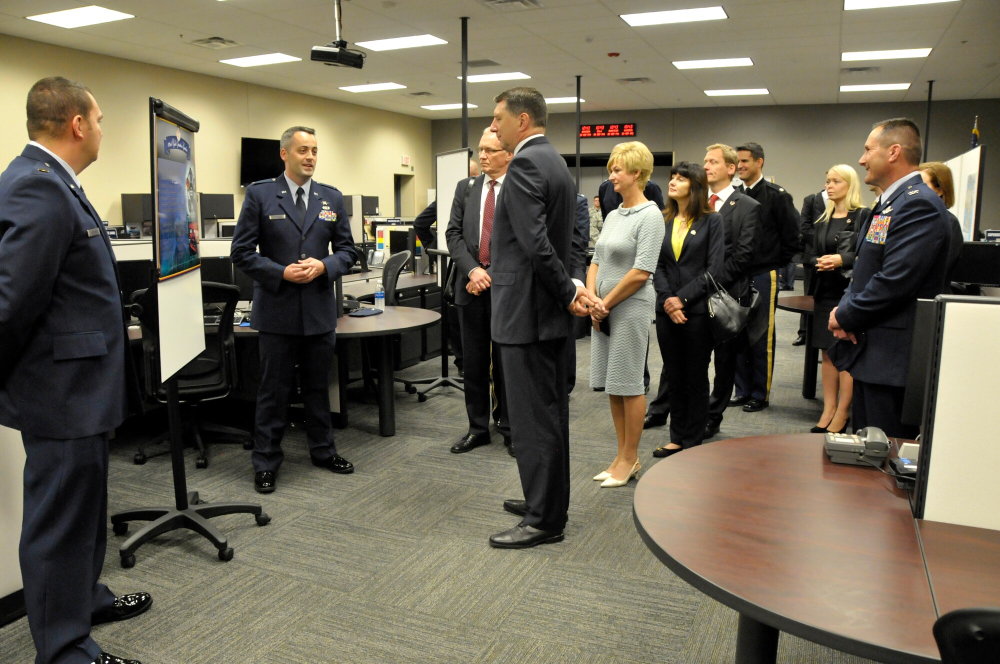 The 110th Attack Wing, Battle Creek Air National Guard Base, Mich. proudly host the President of the Republic of Latvia, Raimonds Vejonis, for a special tour of Wing facilities, Friday, September 23, 2016. Joined by his wife, Iveta, the President’s two-hour visit included a briefing at the 217th Air Operations Group which highlighted the 110th Attack Wing’s mission capabilities: Command and Control, Cyber Operations, Agile Combat Support, and the MQ-9 Reaper program. President Vejonis’s visit to the 110th Attack Wing celebrated the highly-successful State Partnership between Latvia and the Michigan Air National Guard. The U.S. Department of Defense established the State Partnership Program in 1993 to promote stability, enhance military capability, improve interoperability and enhance the principles of responsible governance among struggling Baltic Nations and assigned program management to the National Guard Bureau.(Air National Guard Photo by Master Sgt. Sonia Pawloski/released)